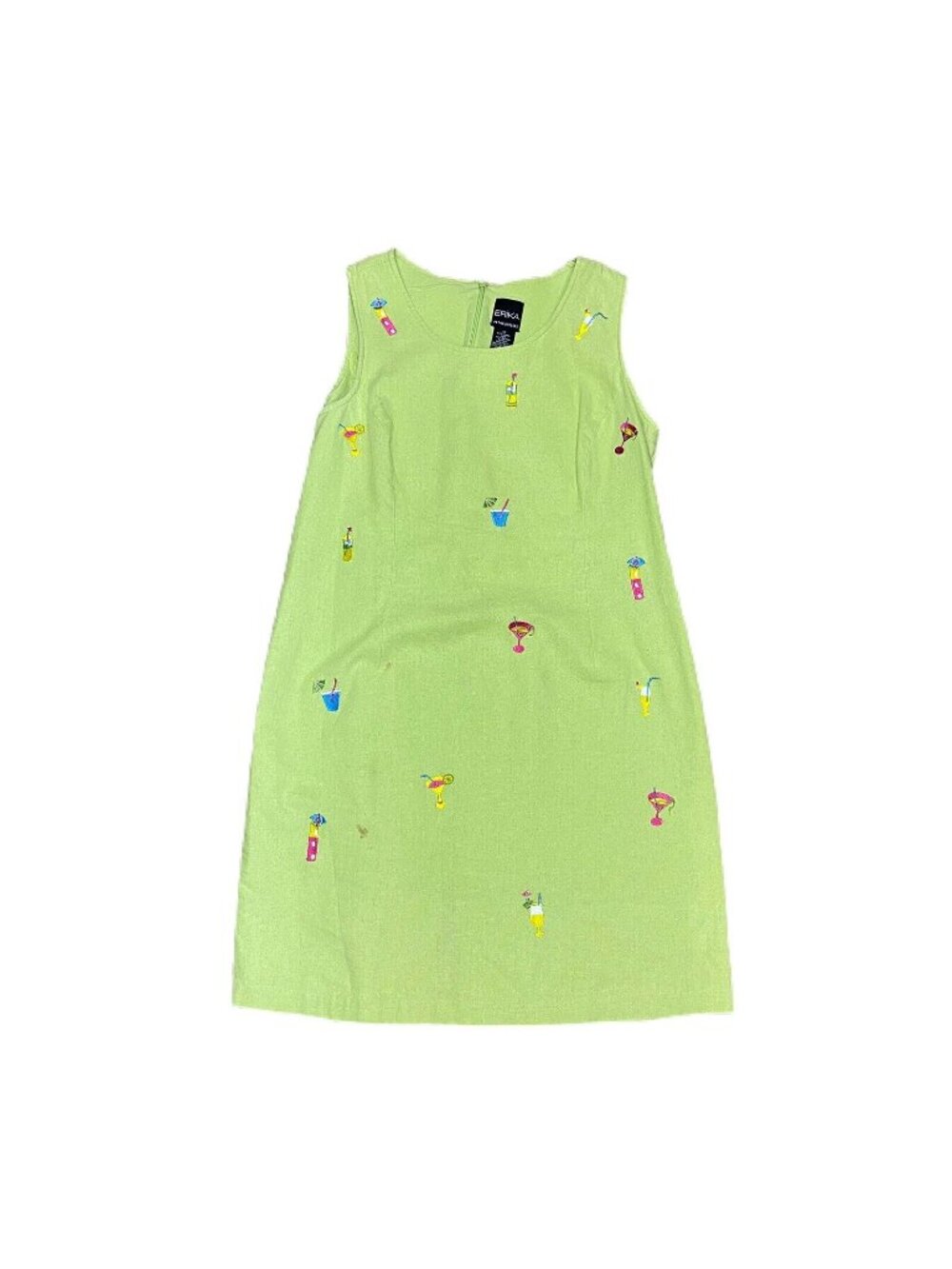 Vintage LIME Green ERIKA Petite Dress Embroidered Beach Umbrella Drinks Size 10